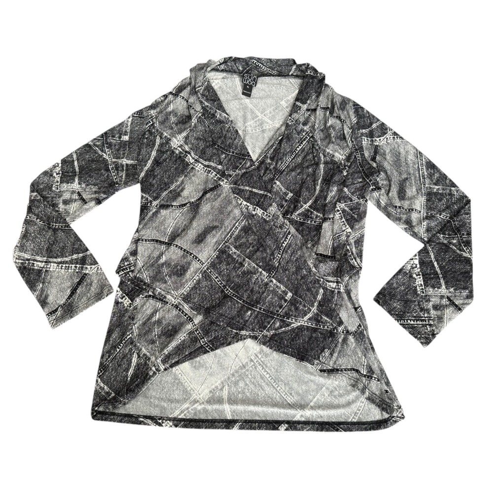 Clara SunWoo Black‎ Gray Acid Wash Faux Denim Wrap Top Size XL Long Sleeve Edgy